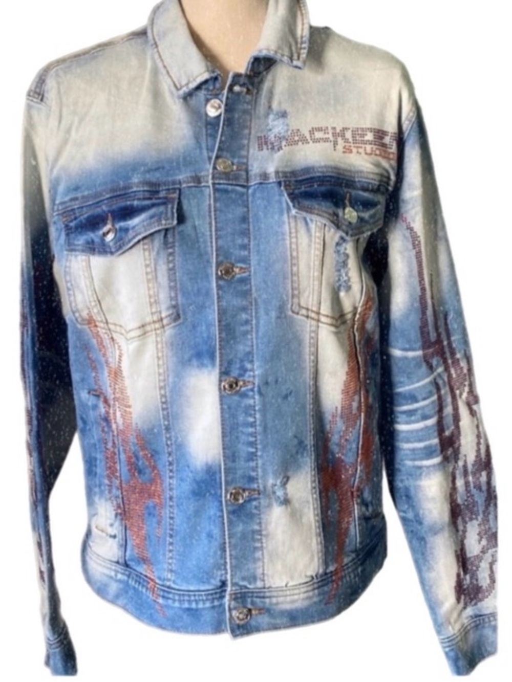 Unisex Sz L distressed tie dyed rhinestones  denim jacket